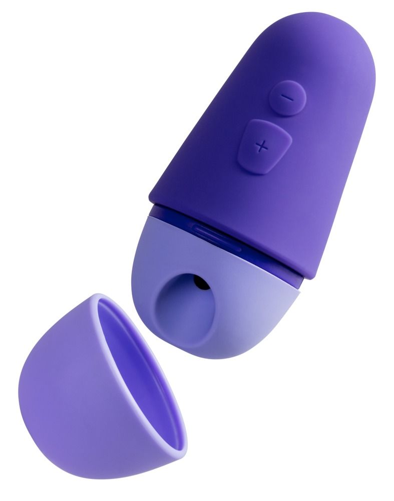 Lila Vibrator mit abgenommenem hellblauen Kopf. Zwei Knöpfe.