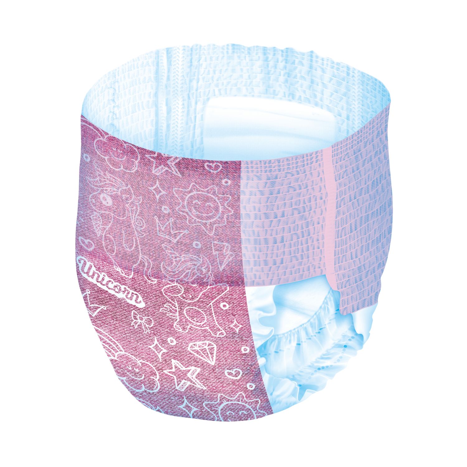 Rosa Babylino Safe Nights Mädchen-Pants. Mit Einhorn-Motiv. Elastischer Bund. Innen blau.