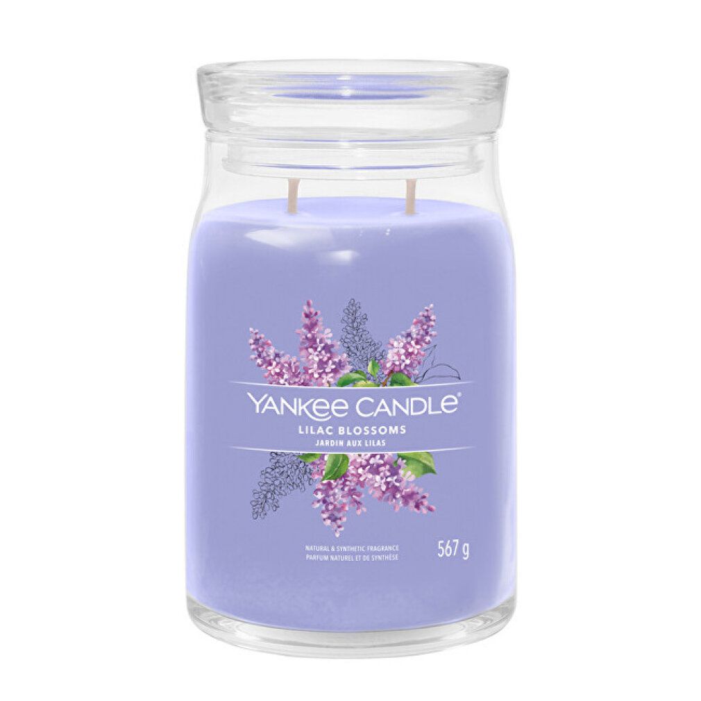Glas-Duftkerze mit Deckel. Fliederblüten-Motiv und Schriftzug. 567g. Zwei Dochte. Marke Yankee Candle.