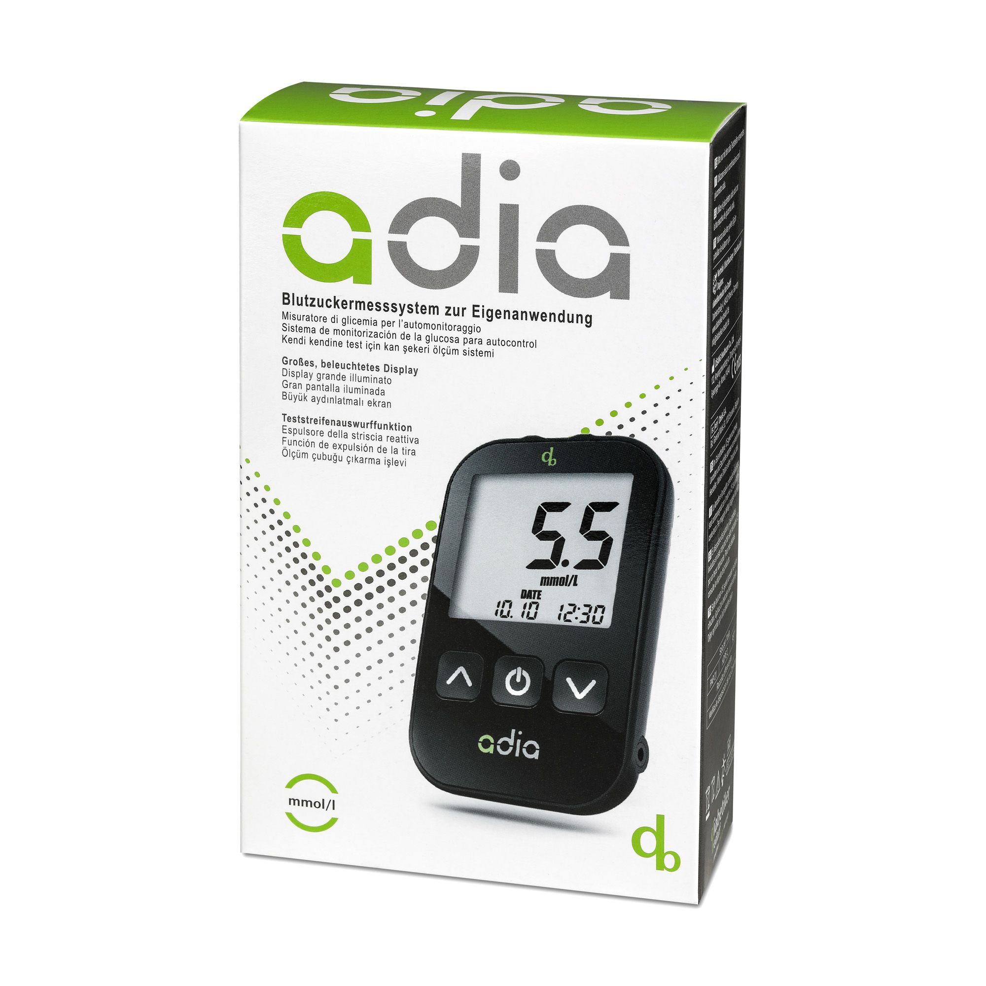 adia Blutzuckermessgerät-Set (mmol/L) zur Blutzucker-Kontrolle bei Diabetes