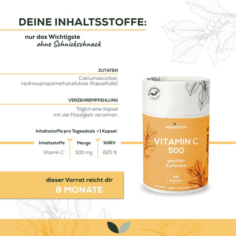 Produkt "Sanutrition Vitamin C 500" neben Infografik. Zutaten: Calciumascorbat. Empfehlung: 1 Kapsel täglich. 8 Monate Vorrat.