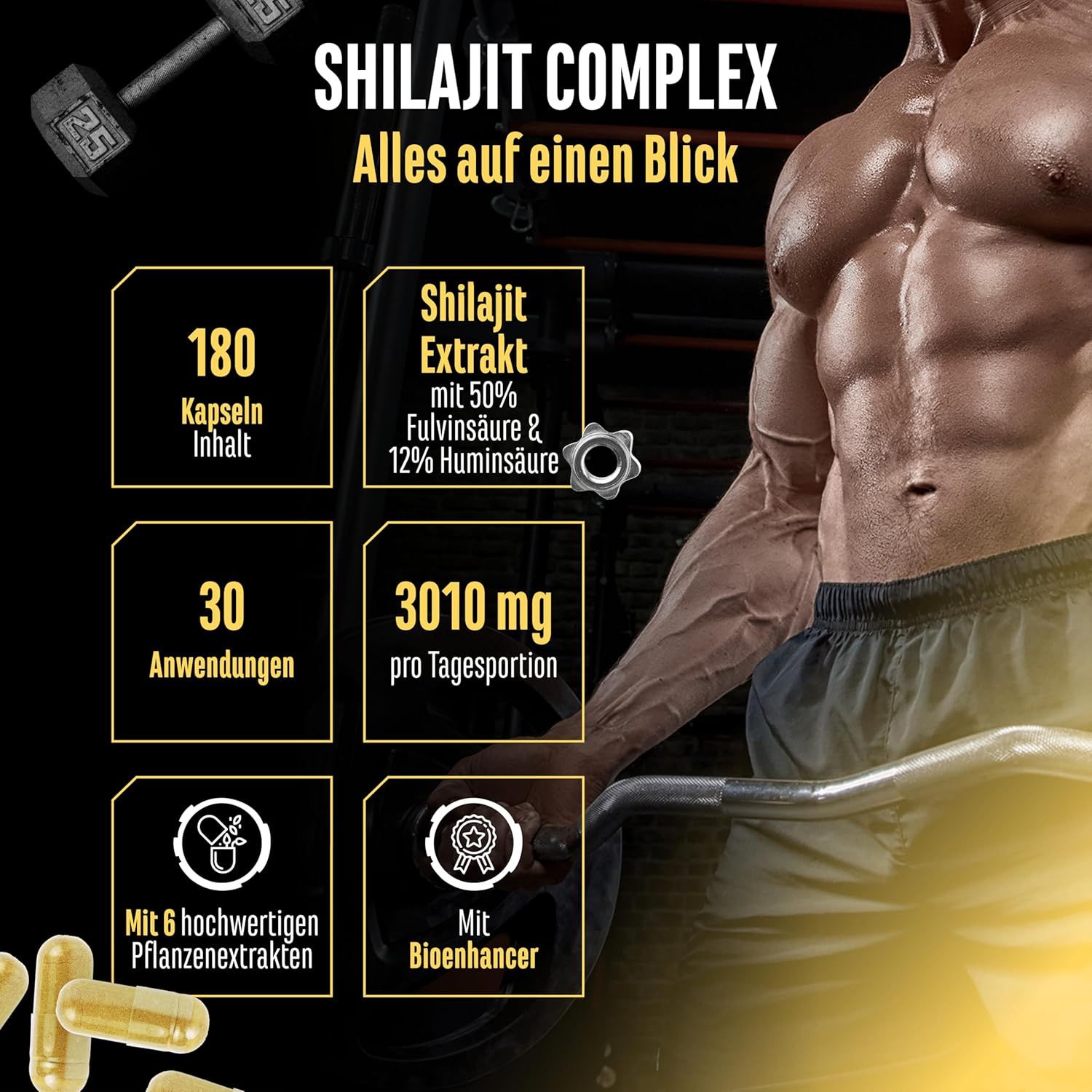 Infografik: Shilajit Complex. 180 Kapseln, 30 Anwendungen, 3010 mg pro Tagesportion. Mit 6 Pflanzenextrakten und Bioenhancer. Goldfarbene Kapseln.
