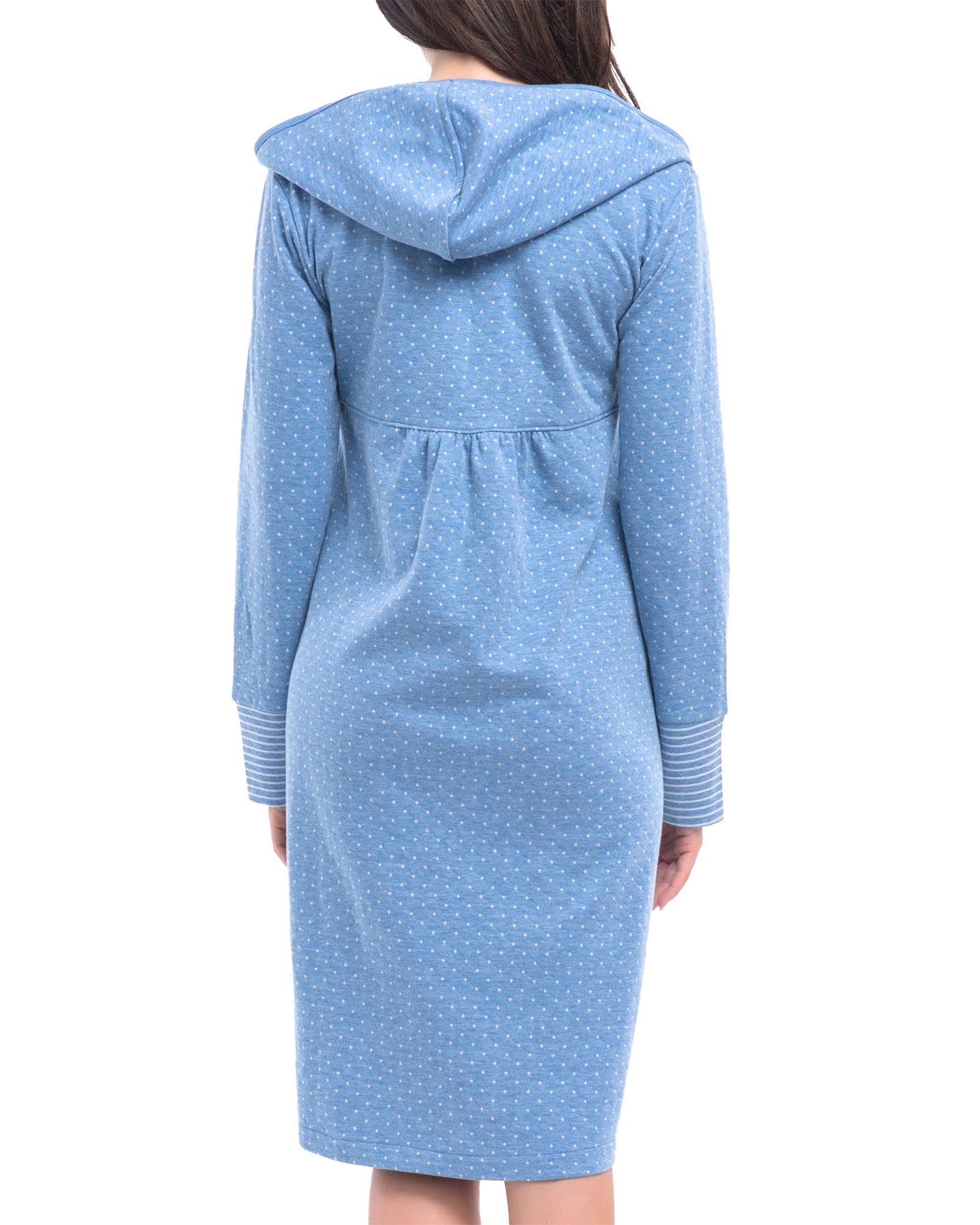 Blauer Morgenmantel mit Kapuze und weißen Punkten. Lange Ärmel mit gestreiften Bündchen. Rückansicht.
