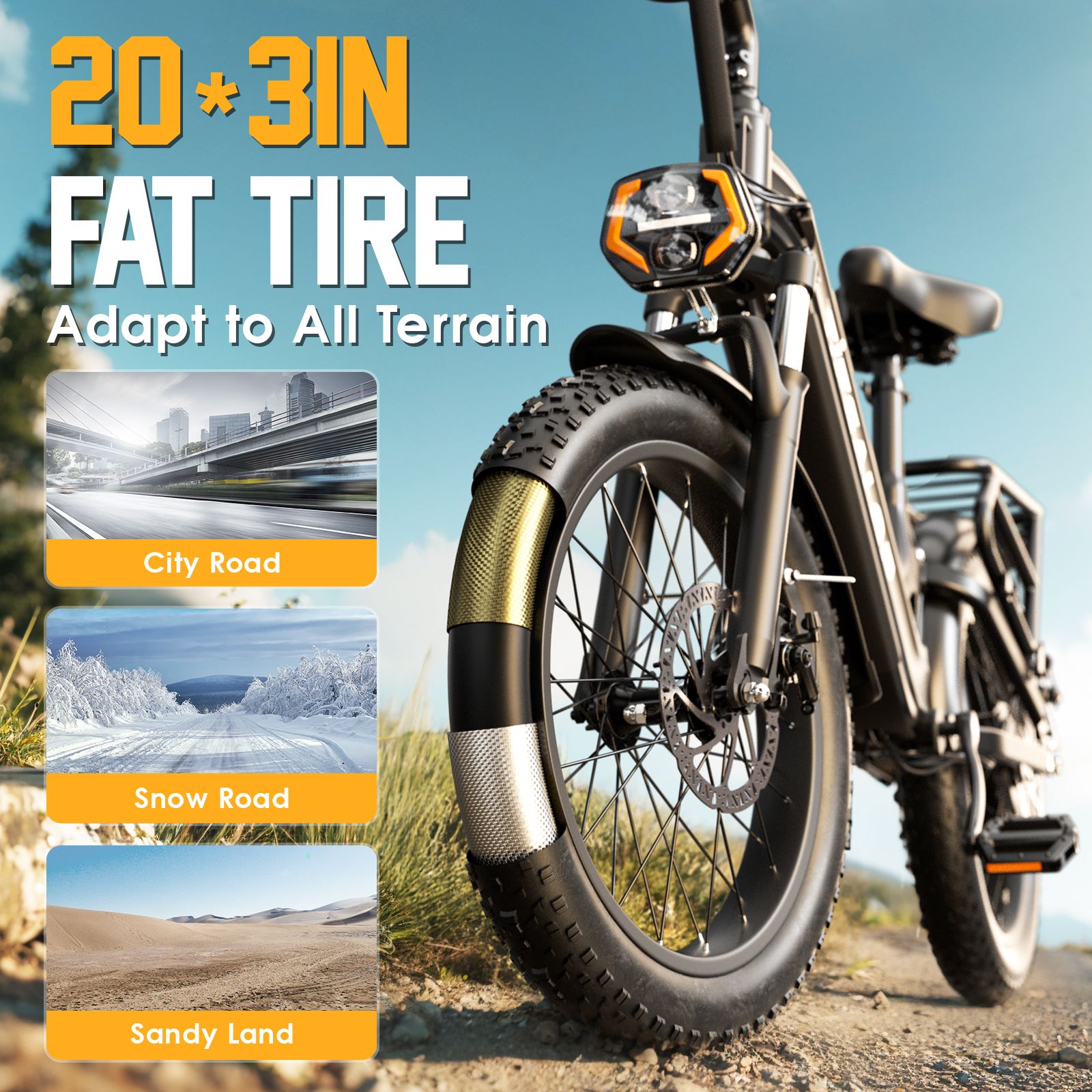 Nahaufnahme eines Elektrofahrradreifens. Text: 20*3IN FAT TIRE. Geeignet für Stadt-, Schnee- und Sandstraßen.