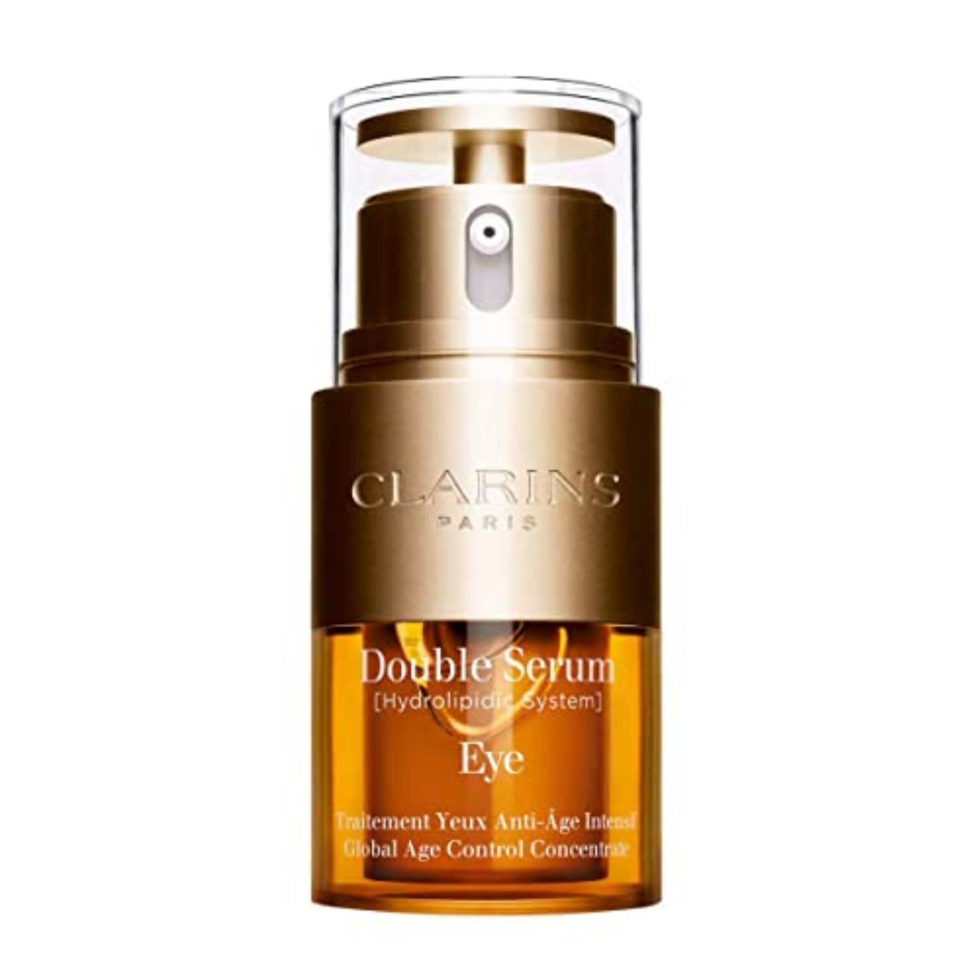 Doppeltes Serum für die Augen. Goldfarbener Behälter mit transparentem Deckel. Aufschrift: CLARINS PARIS, Double Serum Eye.