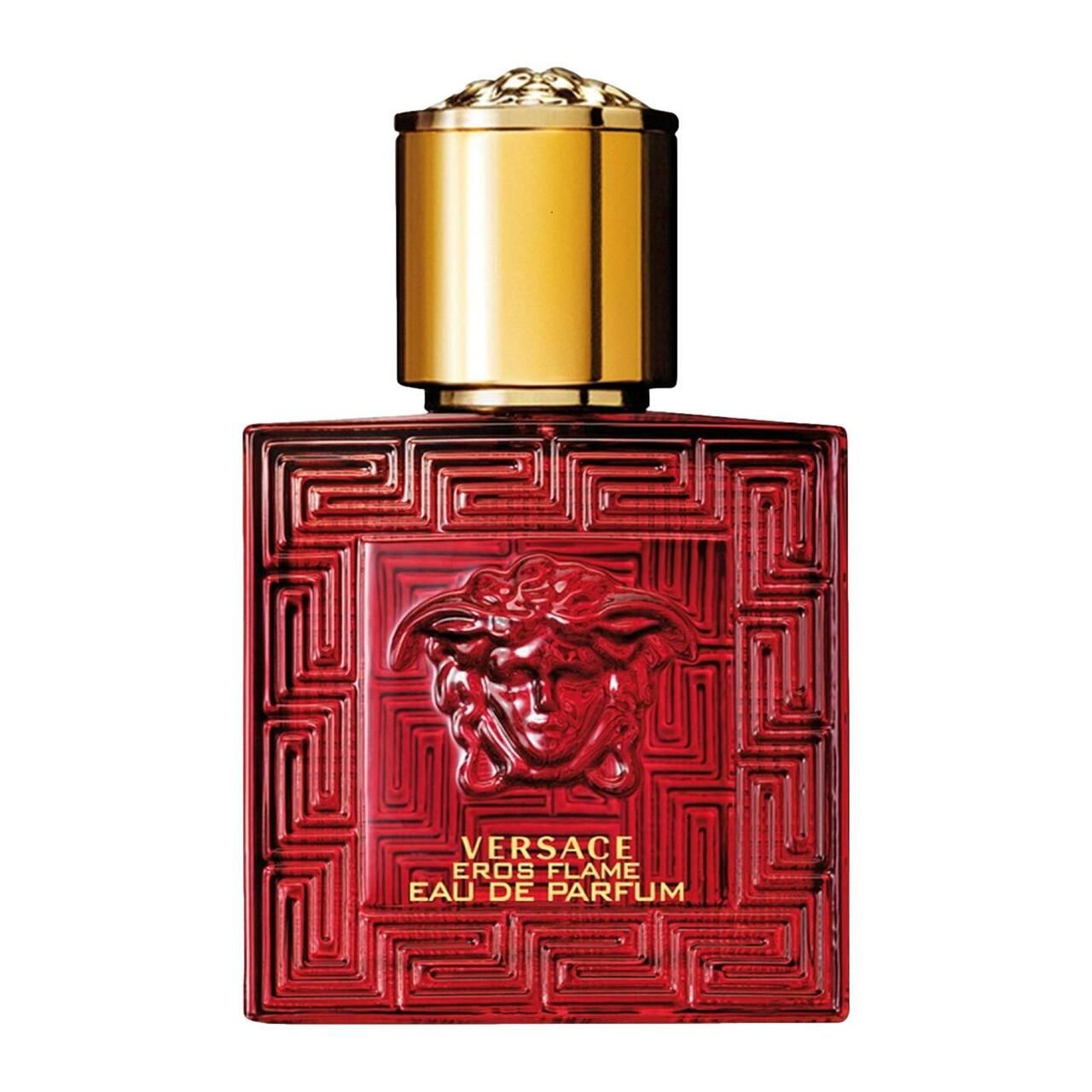 Roter Flakon mit goldenem Deckel. Aufschrift: Versace Eros Flame. Eau de Parfum.