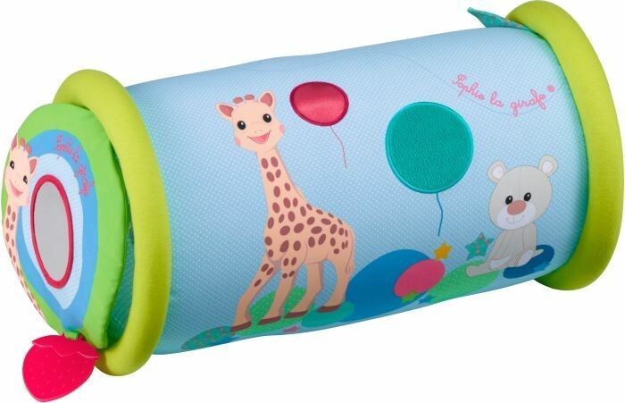 Krabbelrolle mit Giraffen- und Tierillustrationen. Hellblau, grün und rosa. Aufschrift: Sophie la girafe.