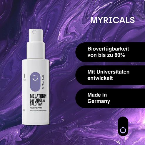 Weiße Sprühflasche. Aufschrift: MYRICALS, MELATONIN+ LAVENDEL & BALDRIAN NIGHT SPRAY. Text: Bioverfügbarkeit bis zu 80%, Made in Germany.