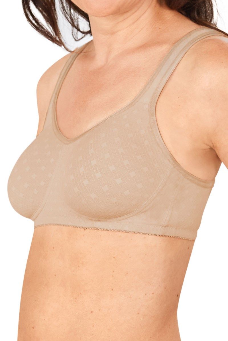 Beige BH, Seitenansicht. Quadratisches Muster auf den Cups. Naht unter den Cups.
