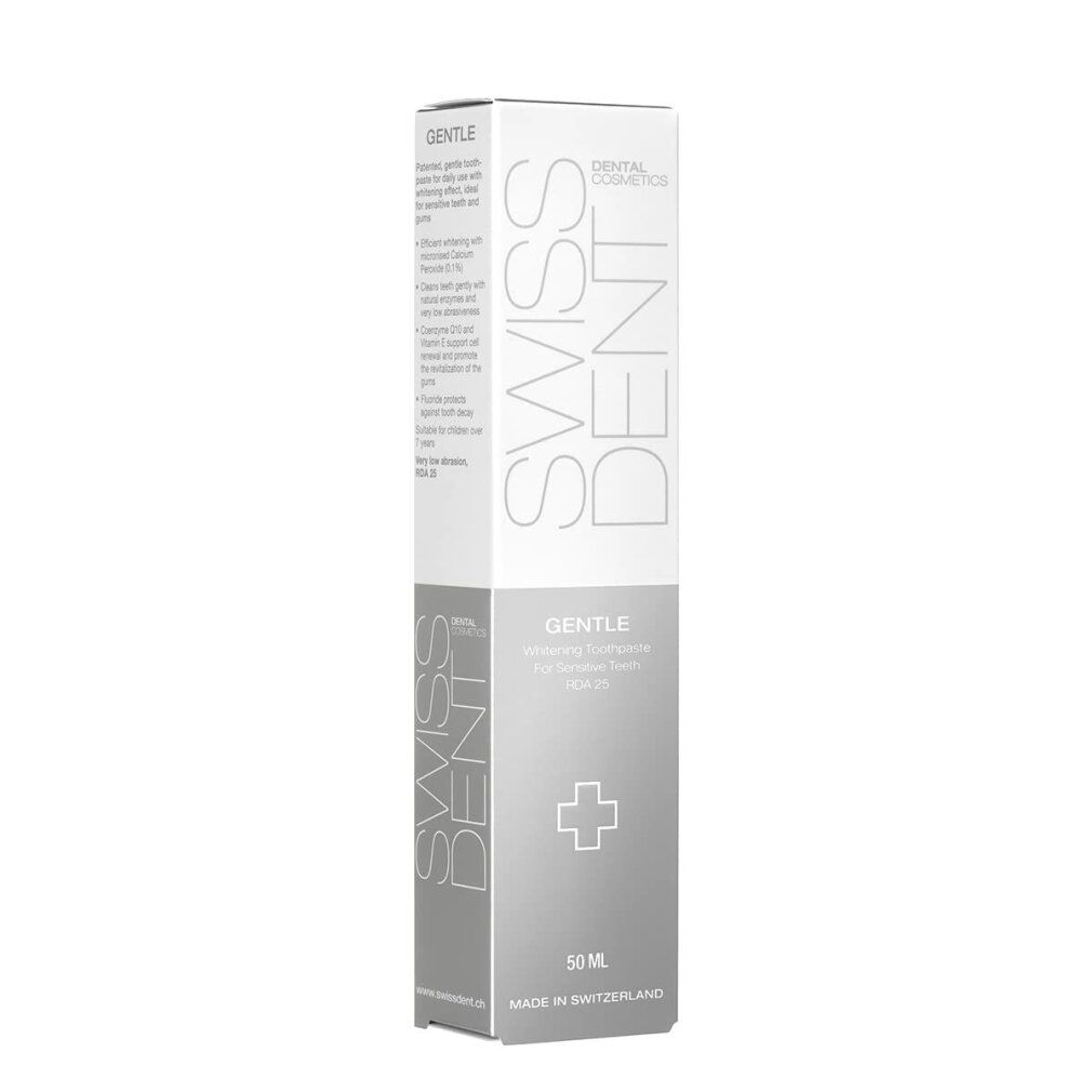 Zahncreme-Verpackung, weiß-grau. Beschriftung: SWISSDENT, GENTLE, 50 ml. Kreuz-Symbol. Hergestellt in der Schweiz.