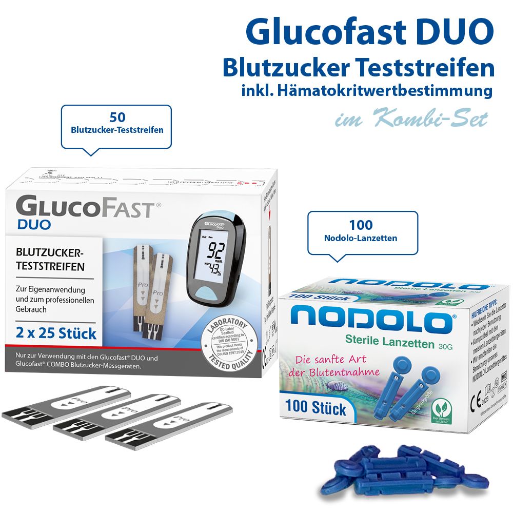 Glucofast Duo Blutzucker-Teststreifen und Nodolo Lanzetten im Kombiset