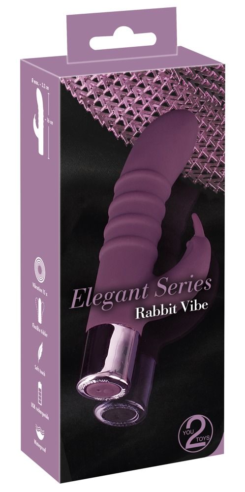 Verpackung mit lila Vibrator. Text: Elegant Series, Rabbit Vibe, 2 TOYS. Abmessungen und Funktionen abgebildet.