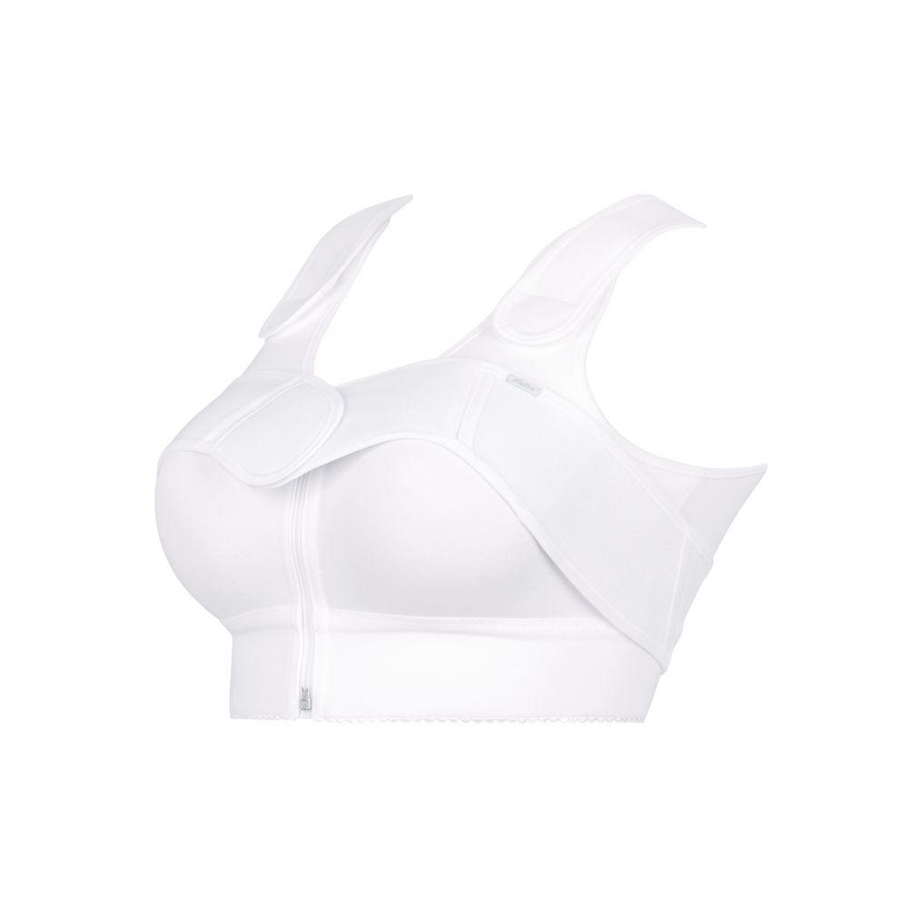 Weißer Kompressions-BH mit Reißverschluss vorne und verstellbaren Trägern. Seitliche Flügel und breiter Unterbrustbund.