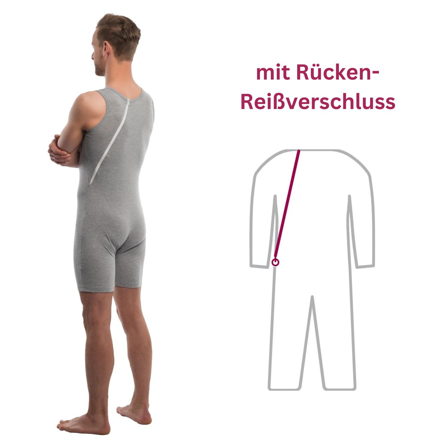 Grauer Pflegebody ohne Arm mit Reißverschluss am Rücken. Schemazeichnung des Bodys.