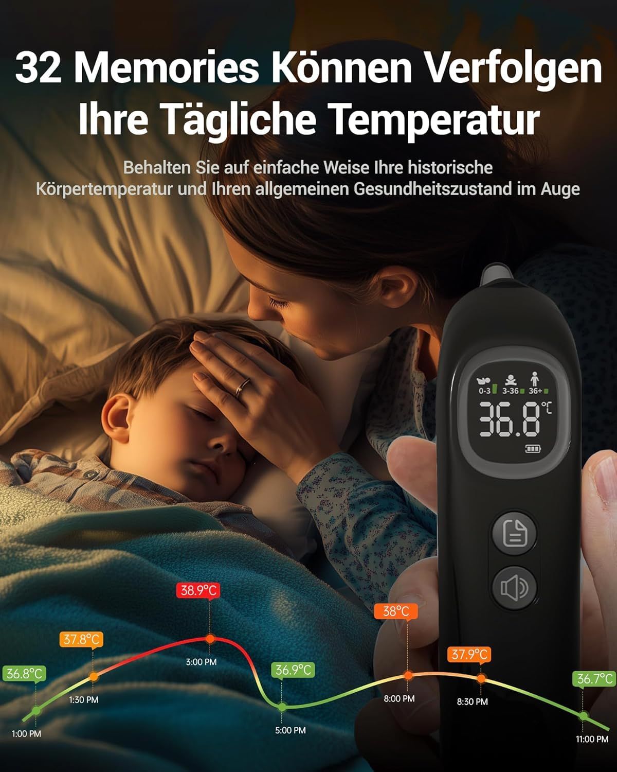 Kind im Bett, Mutter misst Temperatur mit Ohrthermometer. Display zeigt Temperatur. Text: 32 Memories können verfolgen Ihre tägliche Temperatur.