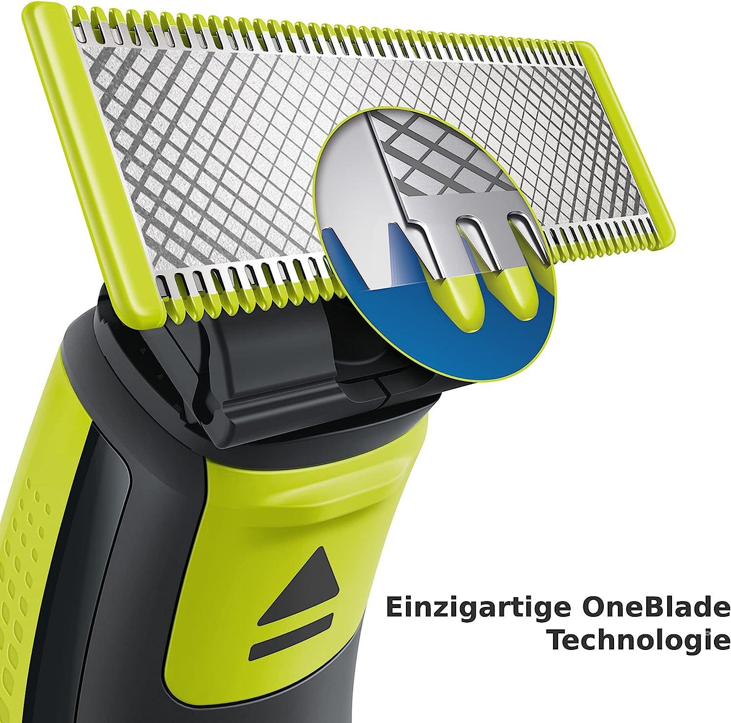 OneBlade-Rasierer mit gelber Klinge. Detailansicht der Klinge. Text: Einzigartige OneBlade Technologie.