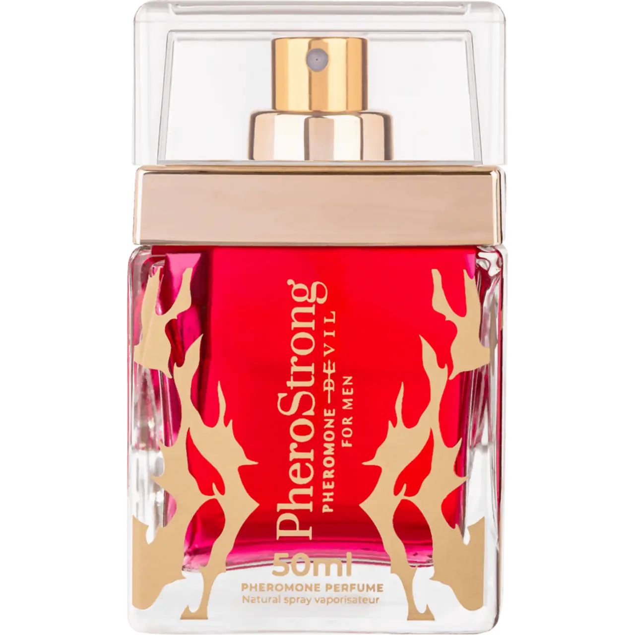 Quadratischer Flakon mit roter Flüssigkeit, goldfarbenem Sprühkopf und transparentem Deckel. Aufschrift: PheroStrong Pheromone Devil für Männer.