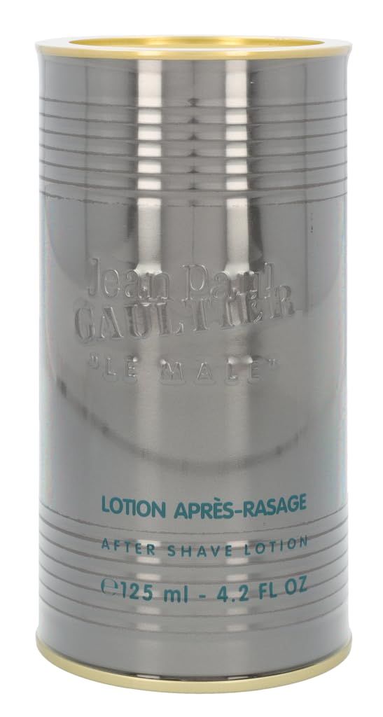 Zylindrische Dose aus Metall. Aufschrift: Jean Paul Gaultier, Le Male, Lotion Après-Rasage. Goldener Rand.