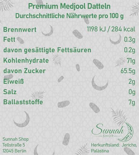 Nährwerttabelle für Premium Medjool Datteln. Logo: Sunnah Shop. Adresse: Tellstraße 5, 12045 Berlin. Herkunft: Jericho, Palästina.