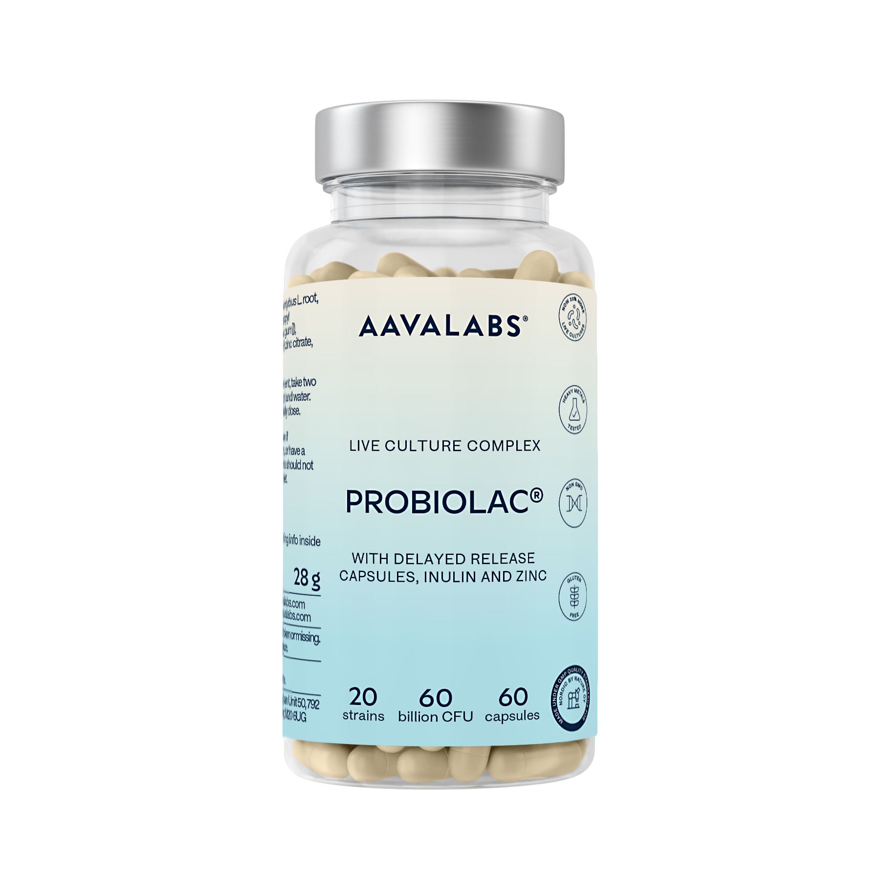 Flasche mit Probiotika-Kapseln, 28g, 60 Kapseln, AAVALABS PROBIOLAC, mit detaillierten Informationen.