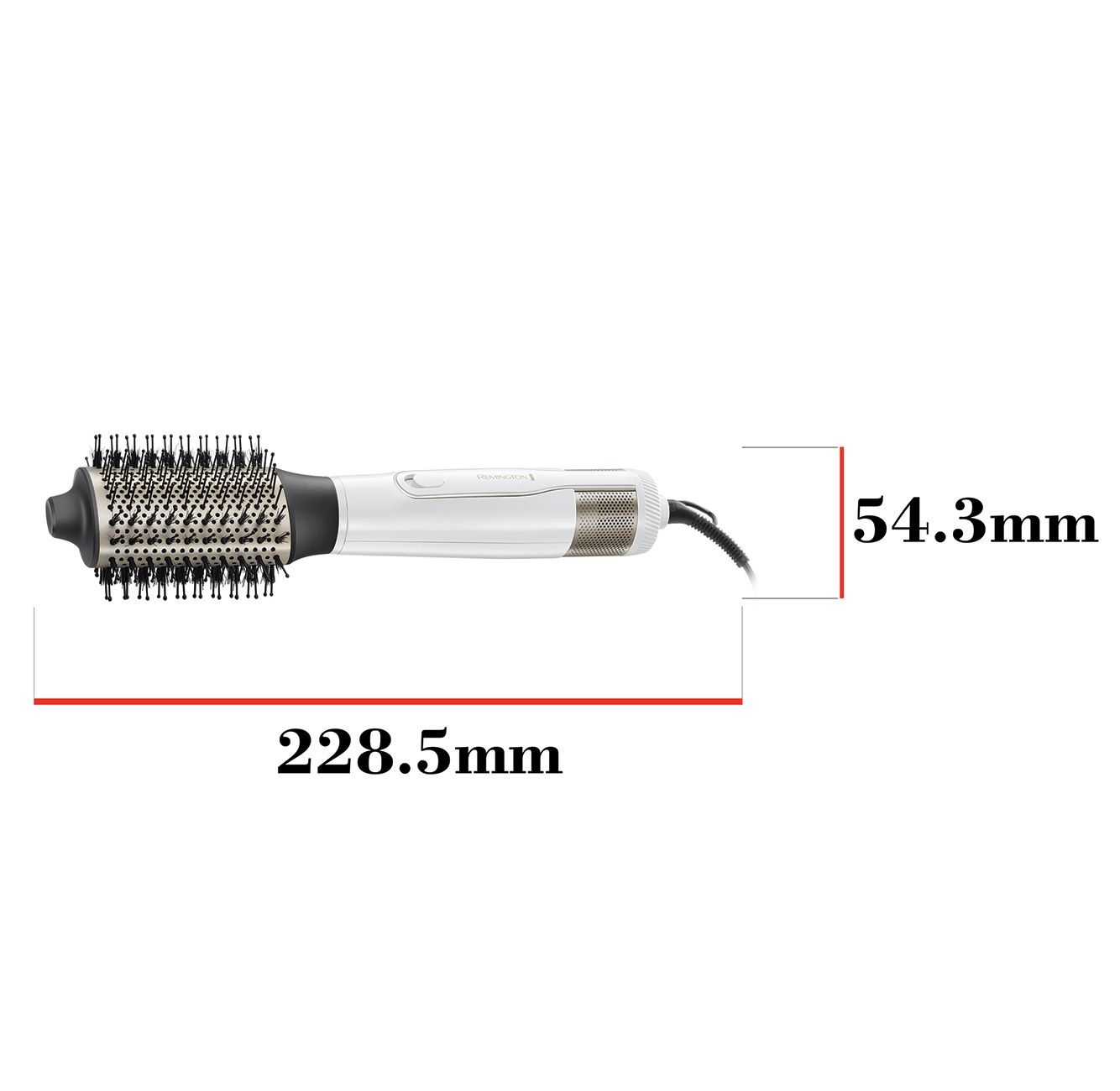 Warmluftbürste mit Maßen 228.5mm Länge und 54.3mm Breite.