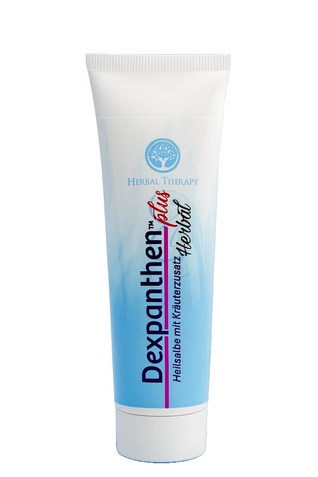 Creme-Tube mit blau-weißem Design. Aufschrift: Dexpanthen plus Herbal. Logo: Baum mit Blättern. Text: Heilsalbe mit Kräuterzusatz.