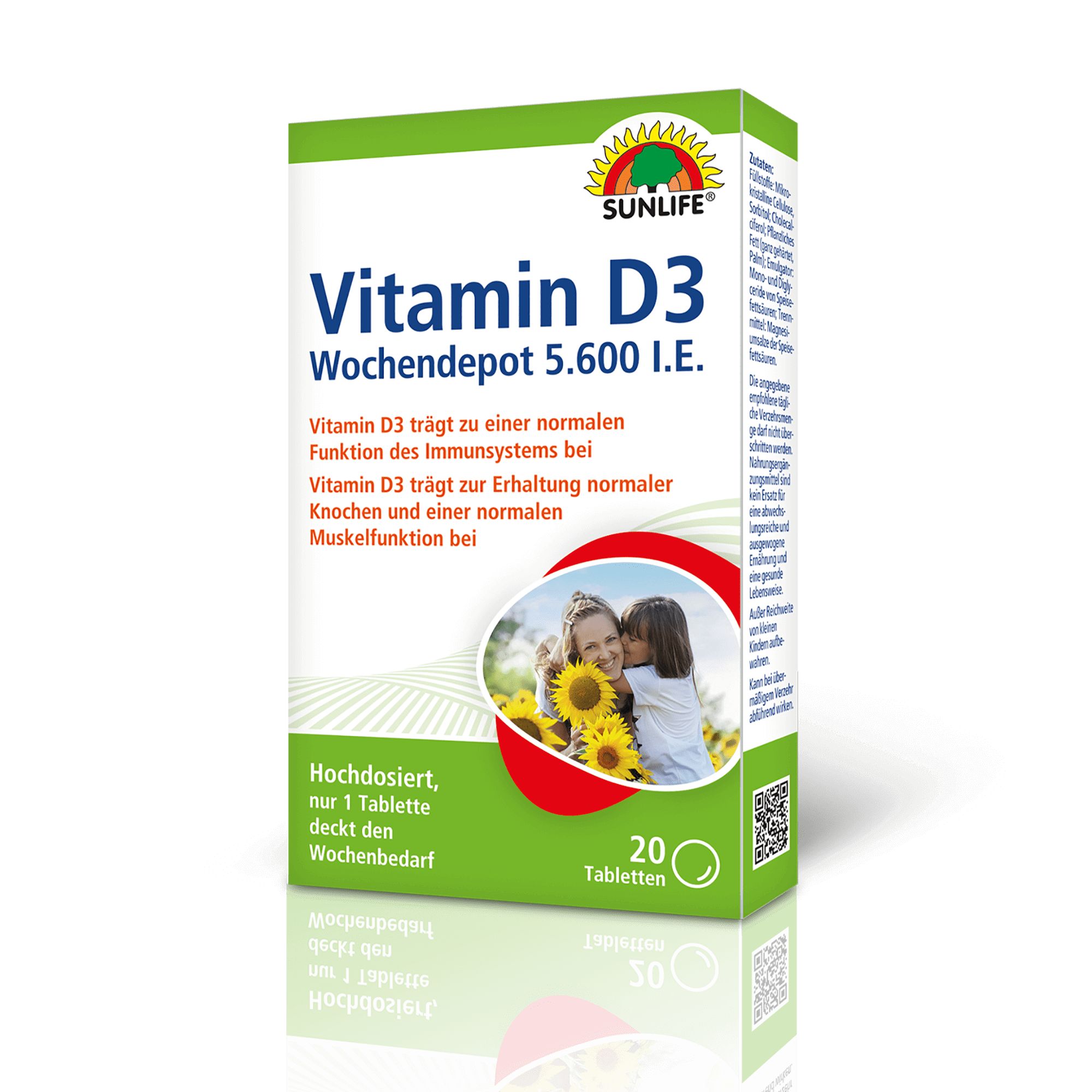 SUNLIFE Vitamin D3 Wochendepot Packung. Grün-weiß, Produktname und Logo. Enthält 20 Tabletten. Bild einer Frau und Kind mit Sonnenblumen.