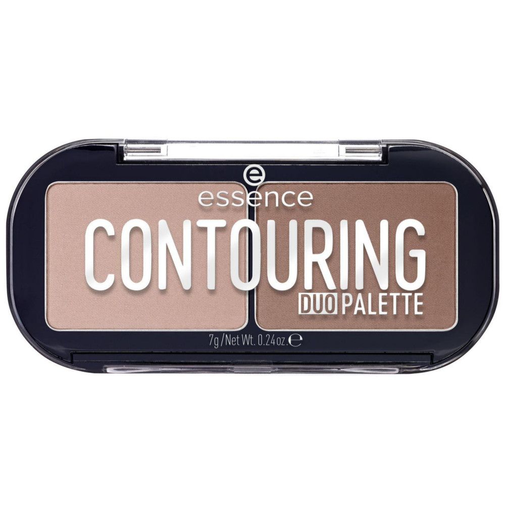 Konturpalette mit zwei Farbtönen. Schwarze Verpackung mit Schriftzug CONTOURING DUO PALETTE und Marke Essence.