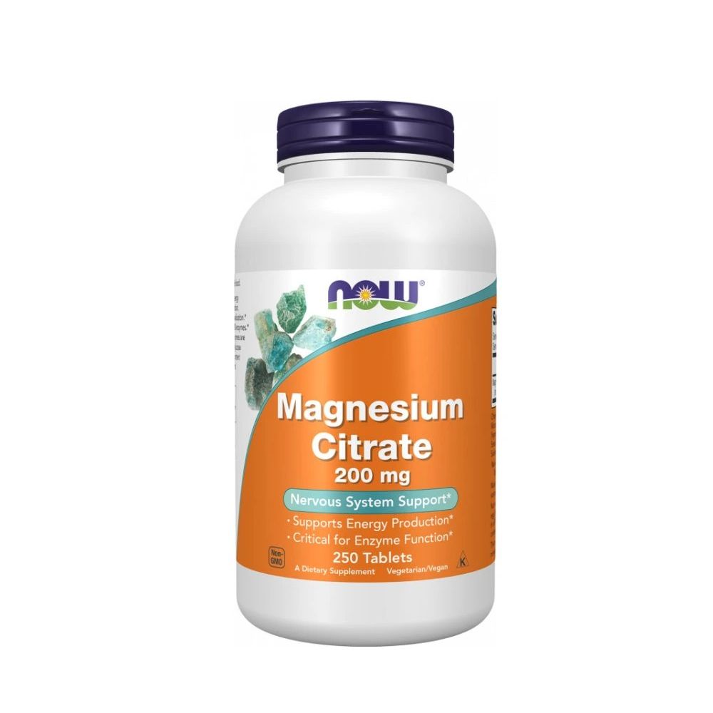 Flasche mit 250 Tabletten Magnesiumcitrat, 200 mg pro Tablette. Marke: NOW.