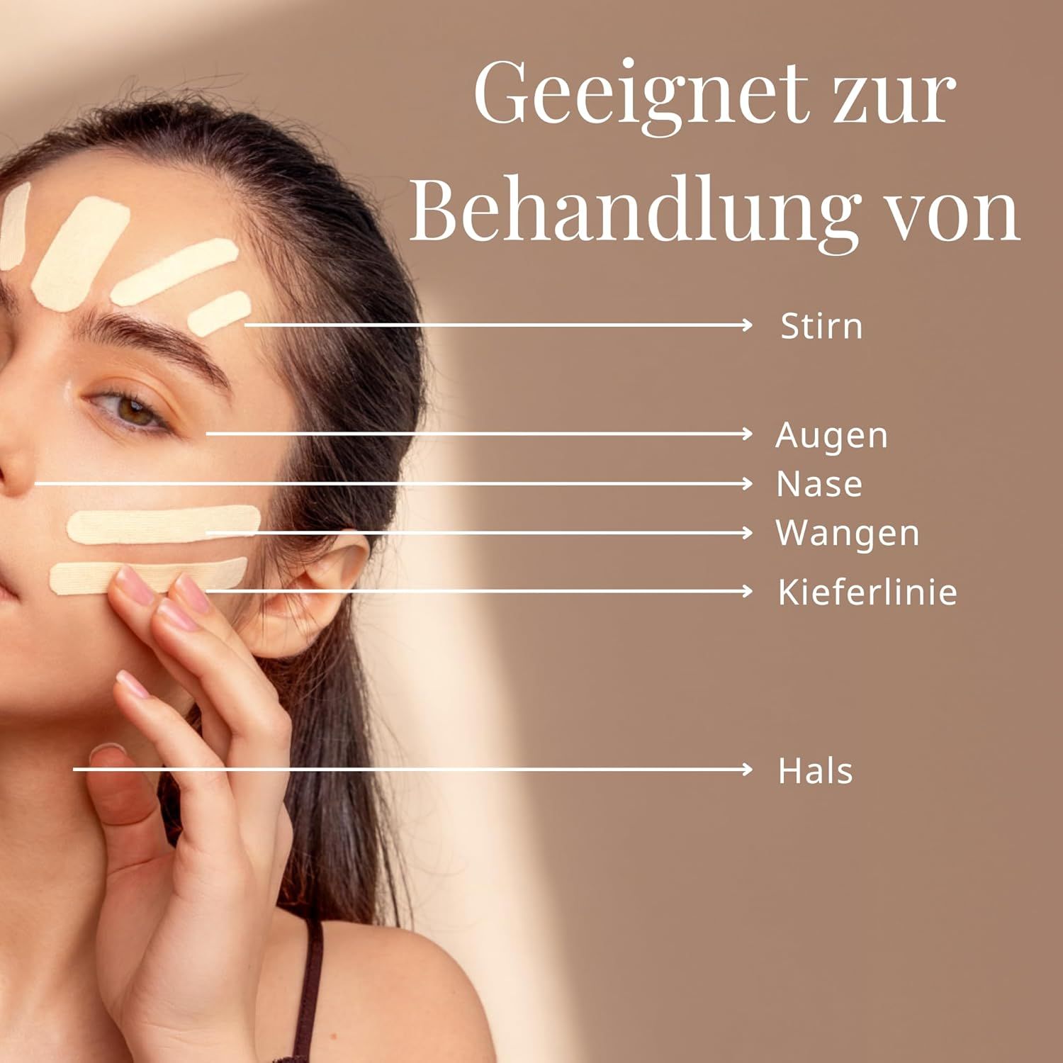 Frau mit aufgeklebten Tape-Streifen im Gesicht. Beschriftung: Stirn, Augen, Nase, Wangen, Kieferlinie, Hals.