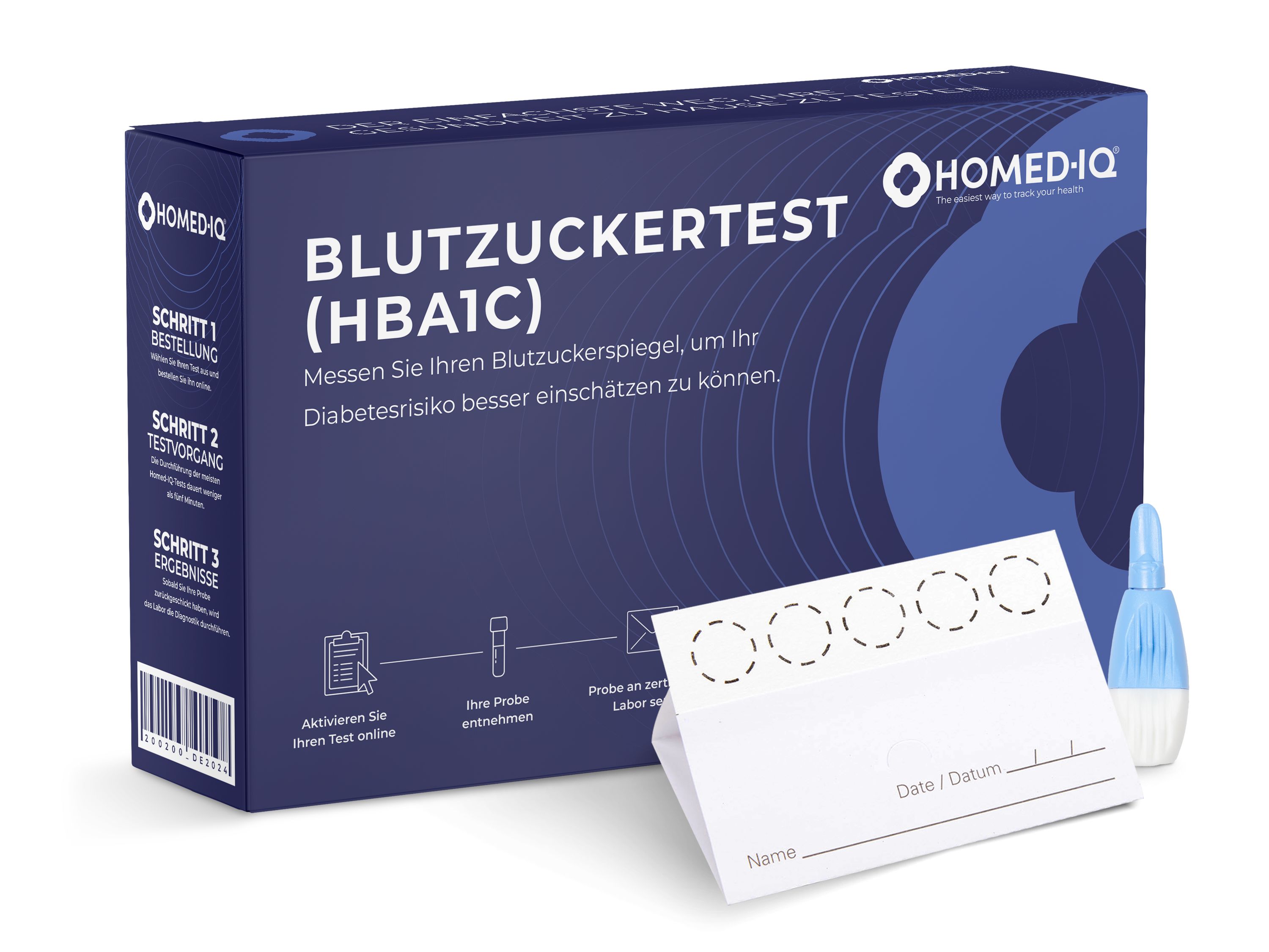 Blutzuckertest-Kit. Enthält eine blaue Schachtel mit Text und Logo, ein weißes Testblatt mit Kreisen und eine blaue Pipette.