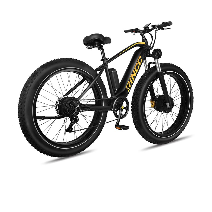 Schwarzes E-Mountainbike, Seitenansicht. Rincc-Logo, dicke Reifen. Akku und Getriebe sichtbar.