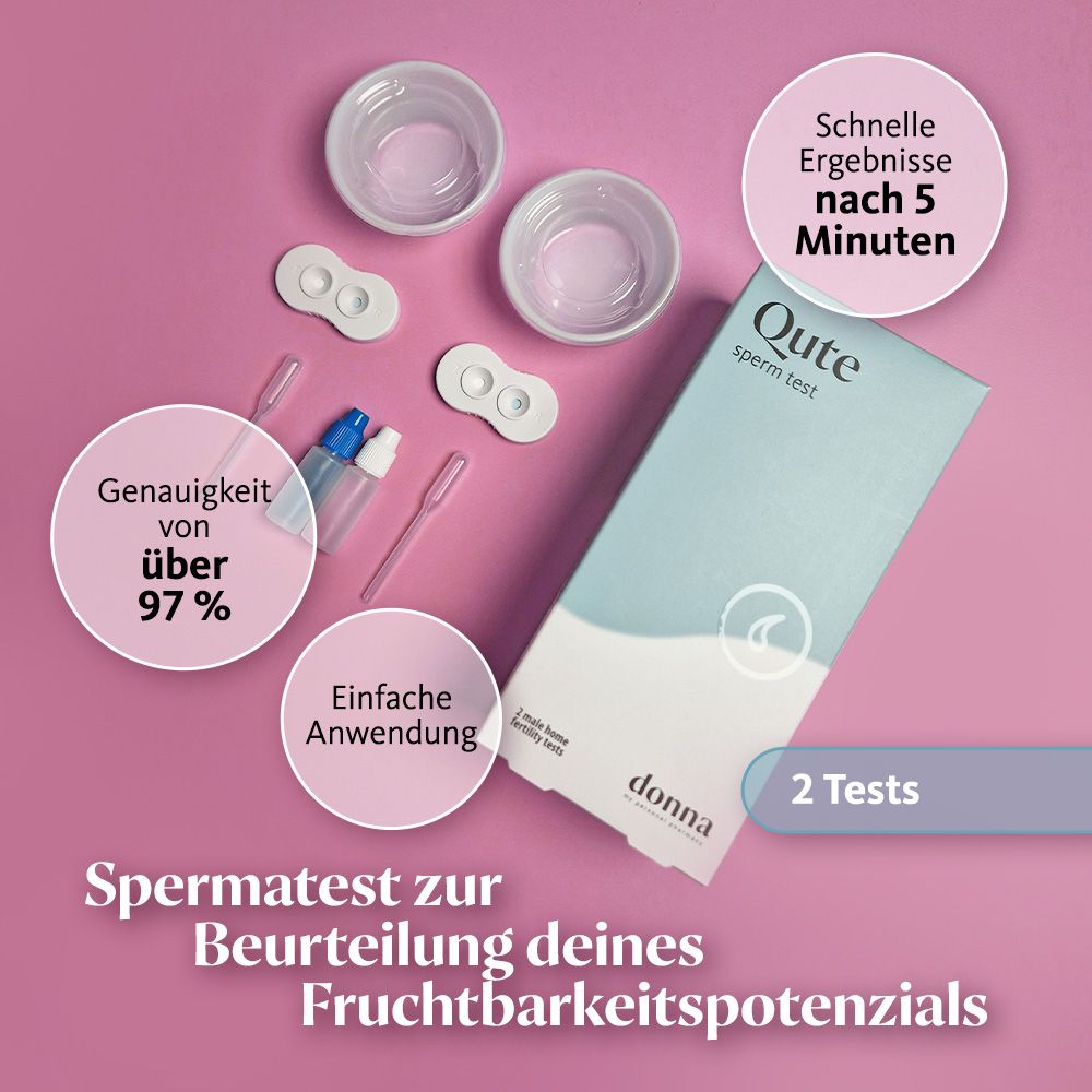 Qute Sperm Test-Kit mit Zubehör. Enthält Testbehälter, Pipetten, Fläschchen und Testkassetten. Verpackung mit Aufschrift "2 Tests" und "Donna".