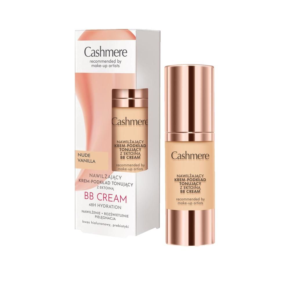 Cashmere BB Cream Flasche und Verpackung. Text: Cashmere, BB Cream, Nude Vanilla, empfohlen von Make-up-Artisten.