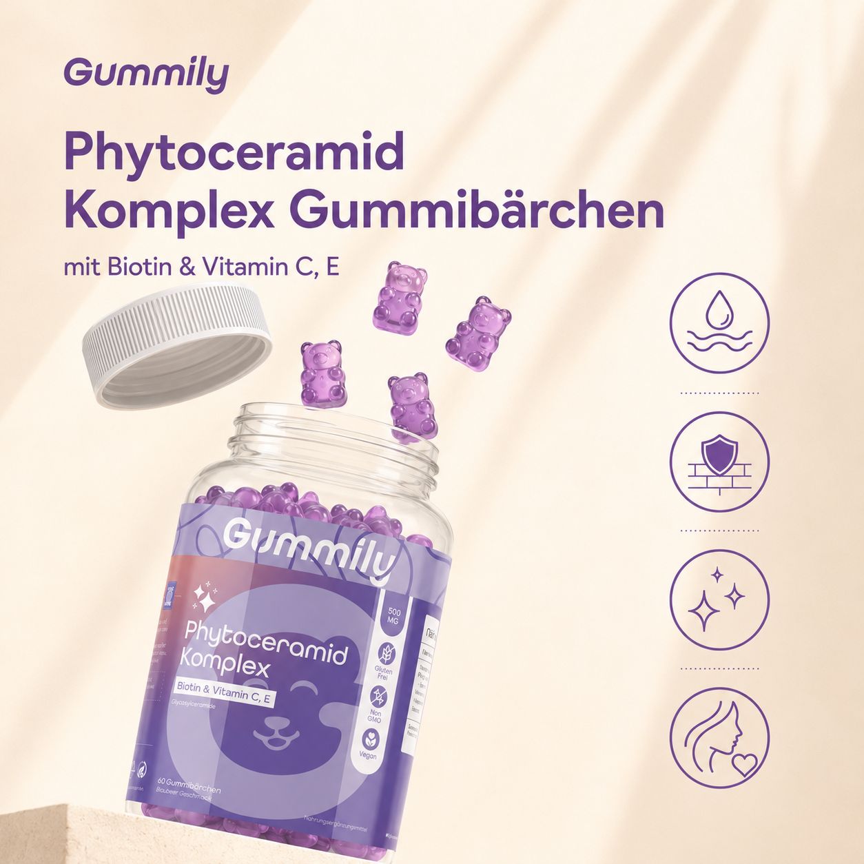 Gummily Phytoceramid Komplex Gummibärchen fliegen aus einer Flasche, mit Icons für Hautpflege.