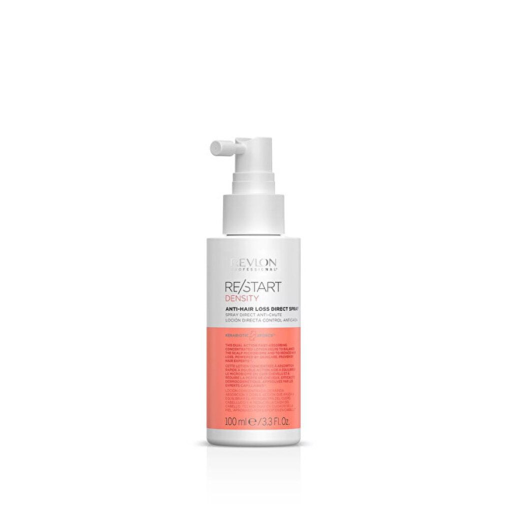 Weißer Sprühflakon mit orangefarbenem Streifen. Beschriftung: RE/START DENSITY Anti-Haarausfall Direct Spray. 100ml/3.3 FL.OZ.