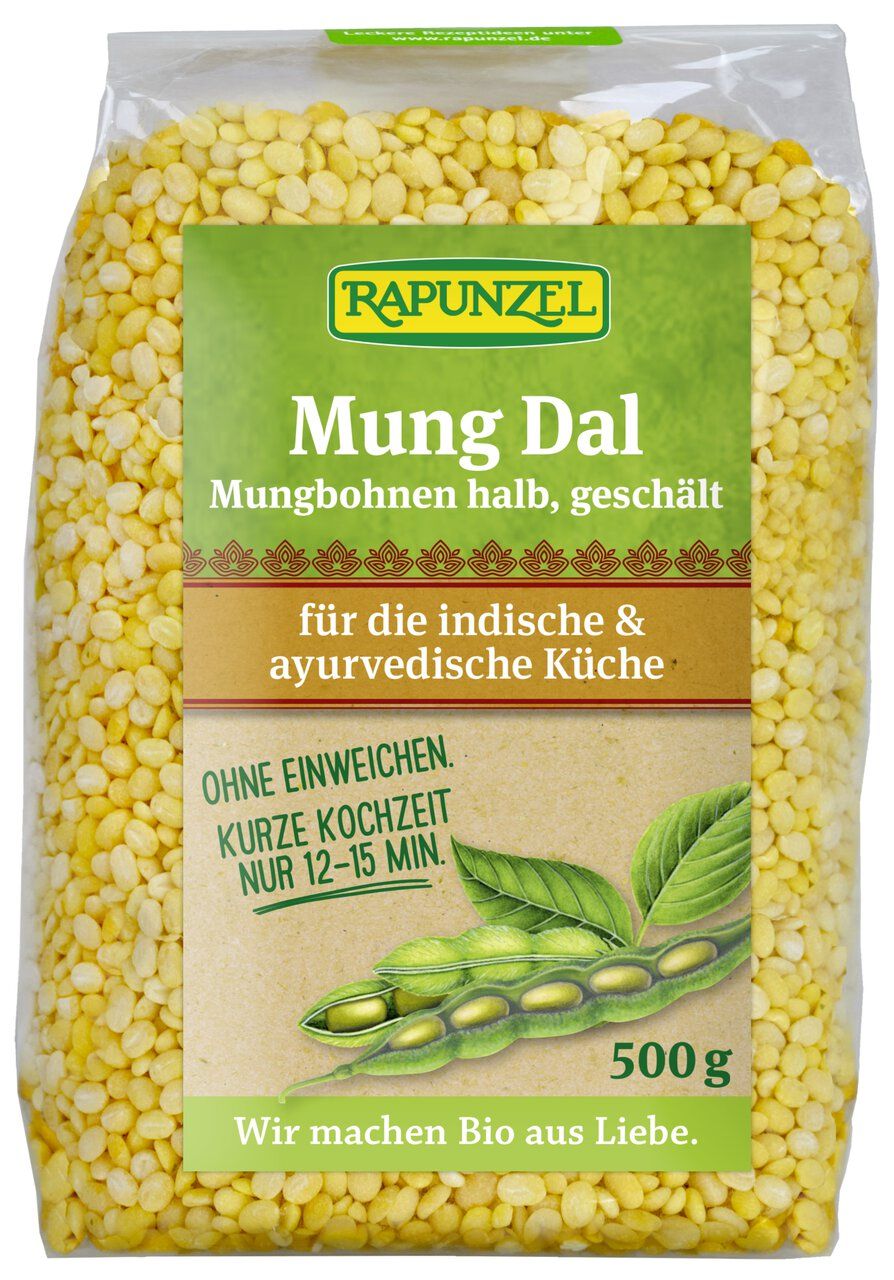 Rapunzel Mung Dal, halb geschälte Mungbohnen in der 500g Packung.