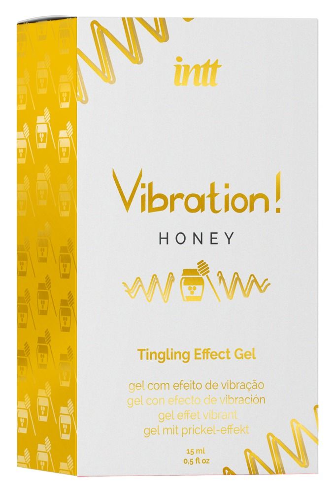 Produktverpackung, weiß mit goldener Schrift. Aufschrift: Vibration! Honey, Tingling Effect Gel. 15 ml.