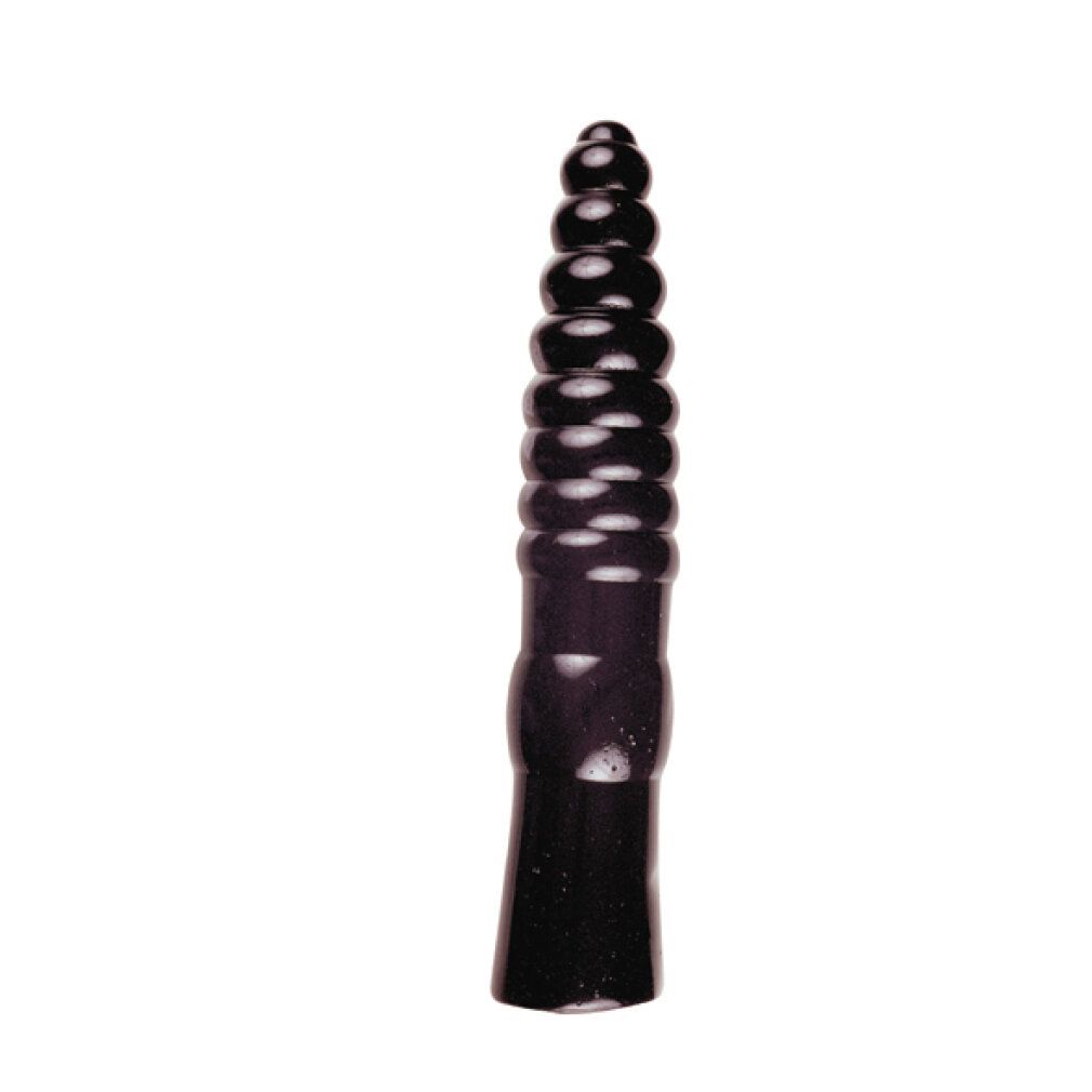Schwarzer Dildo mit gerippter Oberfläche. Kegelförmig mit abgerundeter Spitze und breiter Basis. Auf weißem Hintergrund.