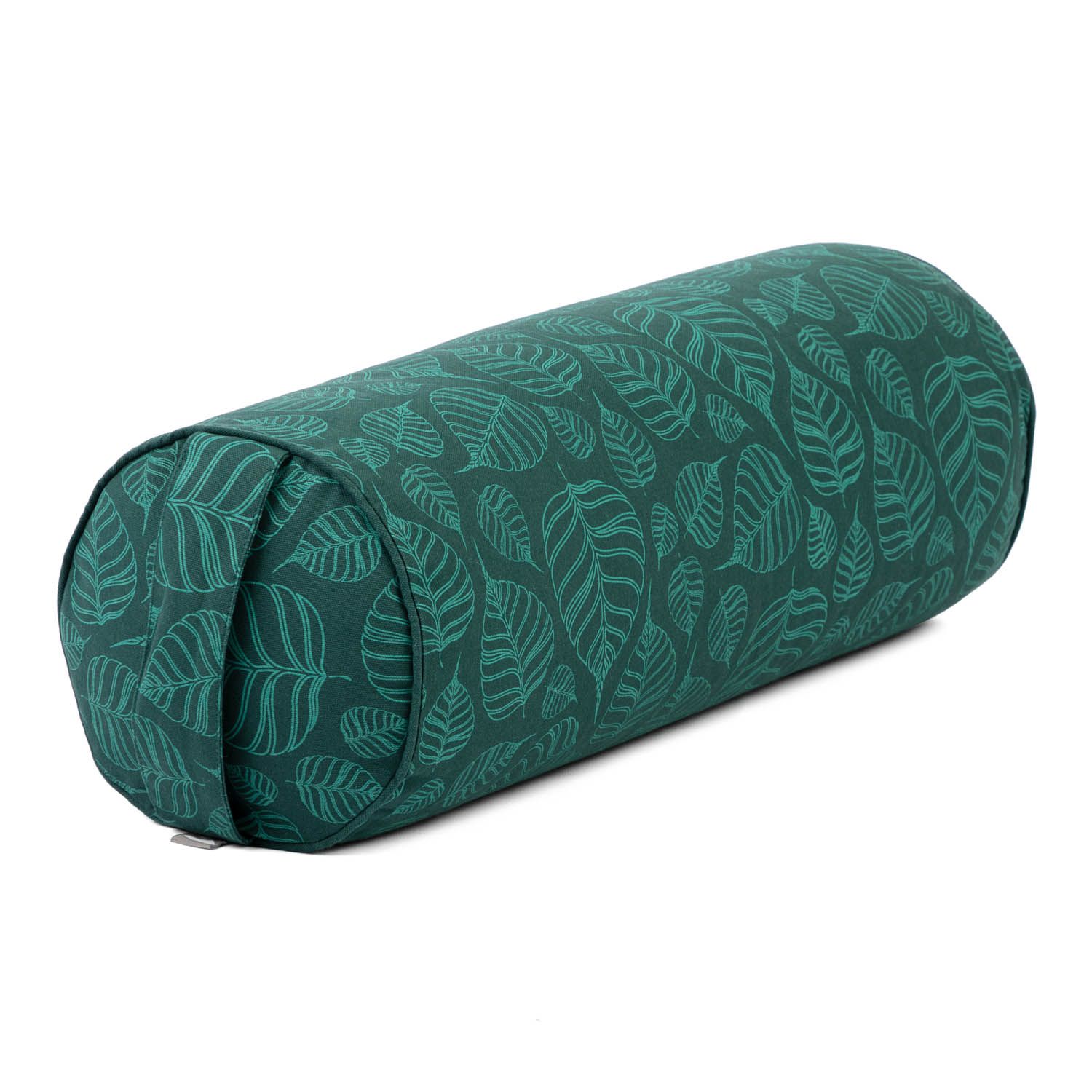 Rundes Yoga-Bolster mit Blattmuster. Grün mit hellgrünen Blättern. Zylindrische Form. Stoffbezug.