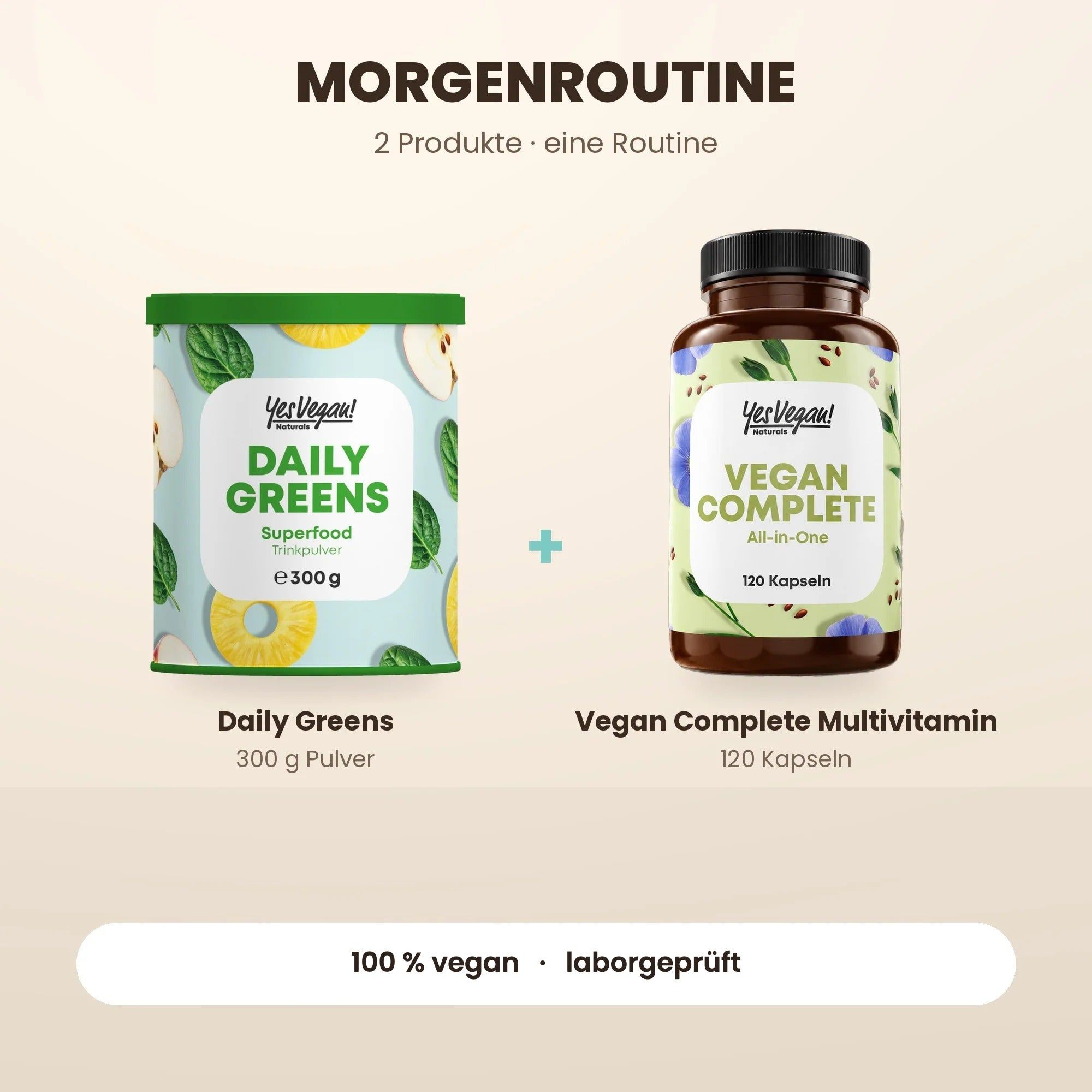 Drei Yes Vegan Produkte: Daily Greens Superfood Pulver (300g) und Vegan Complete Multivitamin (120 Kapseln).