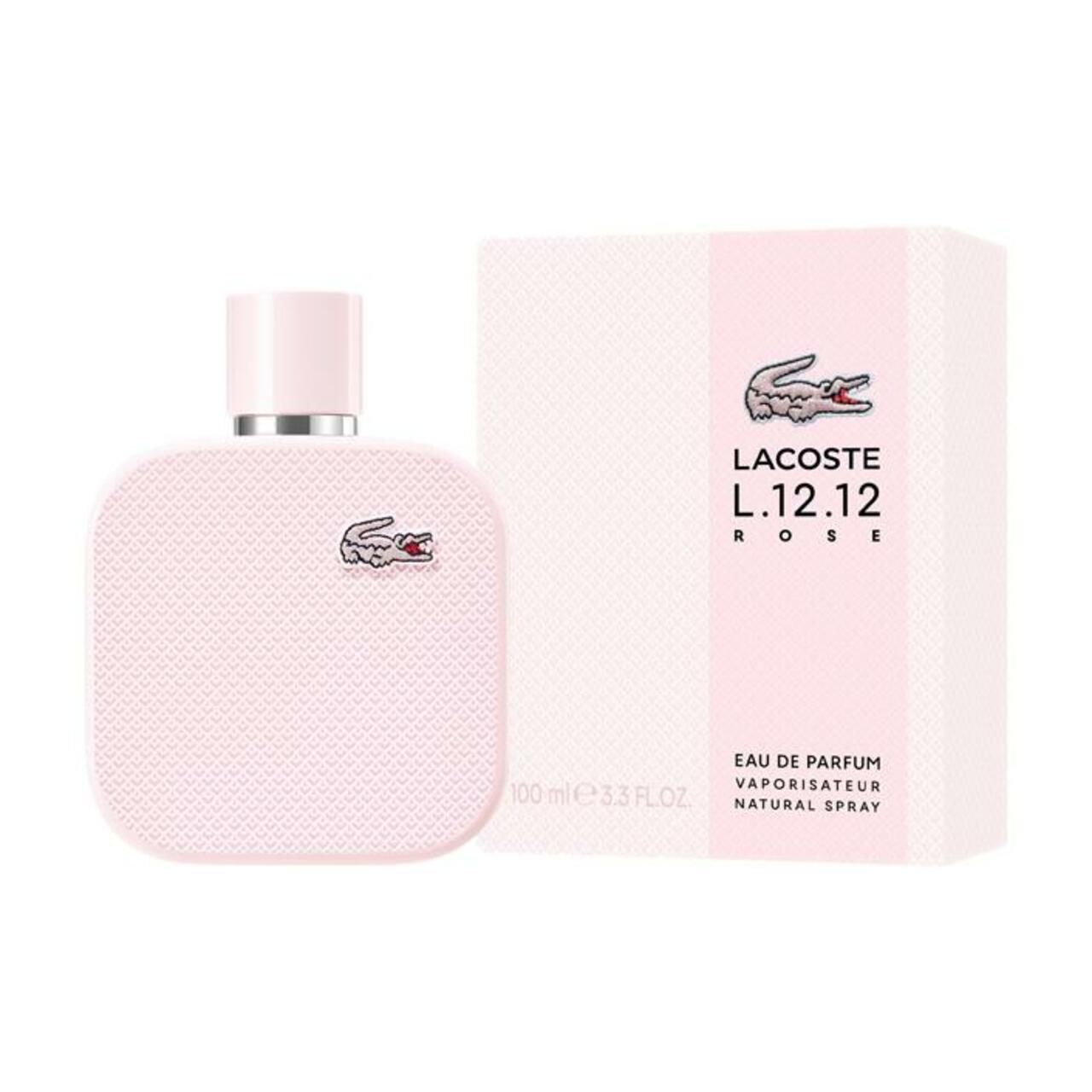 Rosa Flakon und Verpackung. Krokodil-Logo. Text: Lacoste L.12.12 Rose EdP Nat. Spray.