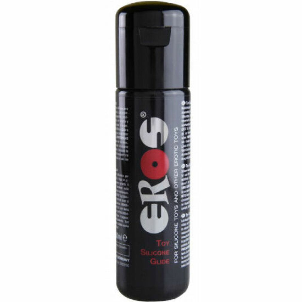Schwarze Flasche mit Klappverschluss. Aufschrift "Eros" und "Toy Silicone Glide".