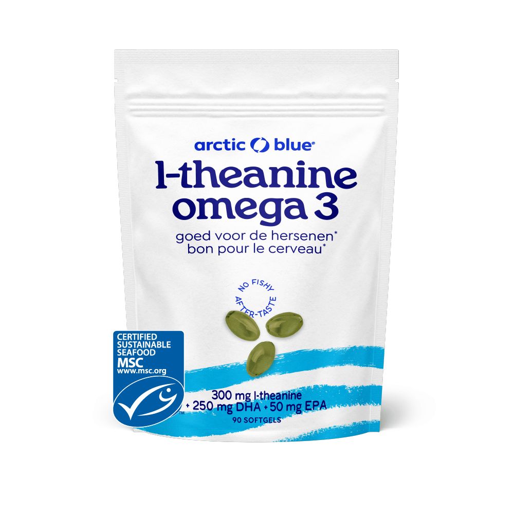 Verpackung mit Arctic Blue L-Theanin Omega-3 Softgels, MSC-Siegel und drei Kapseln.