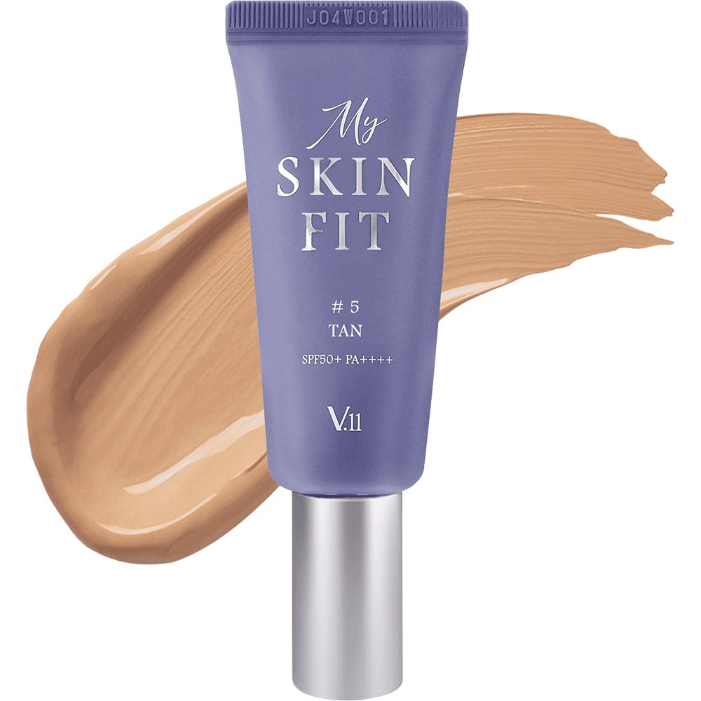 Lila Tube mit Aufschrift My Skin Fit, #5 Tan, SPF50+ PA++++ und V.11. Daneben ein brauner Farbklecks.