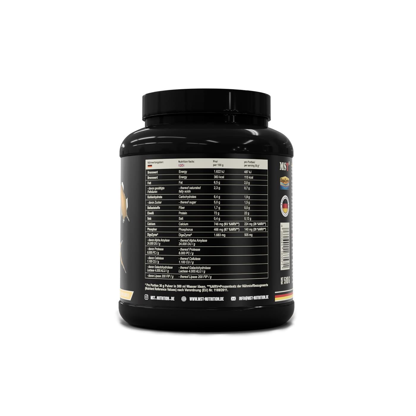 Rückseite der schwarzen Dose MST Best Whey Protein. Nährwertangaben und Inhaltsstoffe.