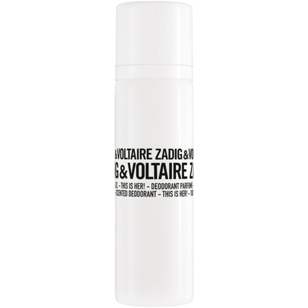 Weißer Deodorant-Spray von Zadig & Voltaire. Text: THIS IS HER! Deodorant Parfum. Weißer Deckel.