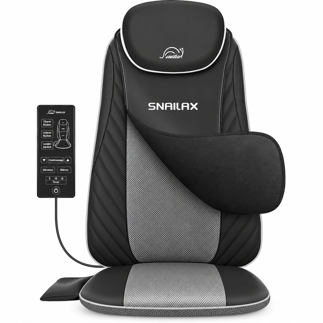 Schwarzes Shiatsu Massagekissen mit Fernbedienung und integrierter Massagefunktion.