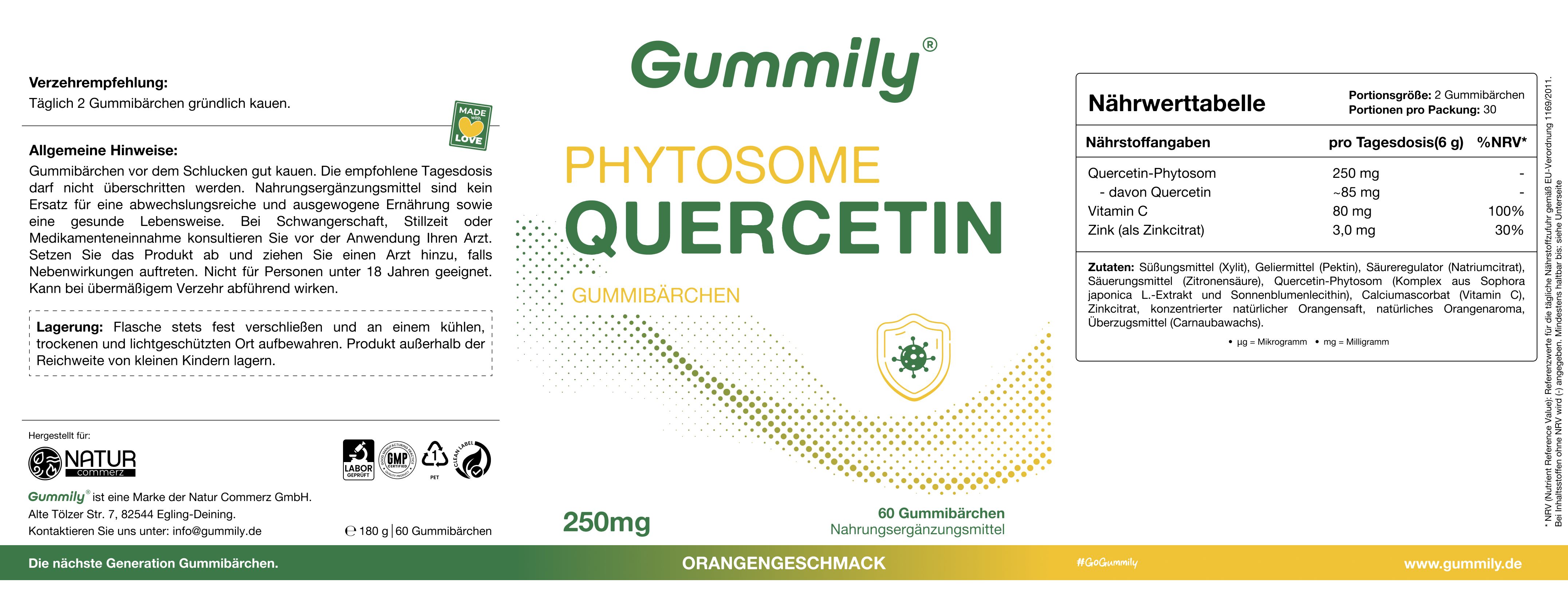 Rückseite der Gummily Phytosome Quercetin Dose mit Nährwertangaben und Inhaltsstoffen.