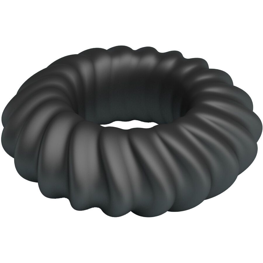 Schwarzer, ringförmiger Penisring aus Silikon mit gewellter Oberfläche. Das Produkt ist in einer Draufsicht dargestellt.